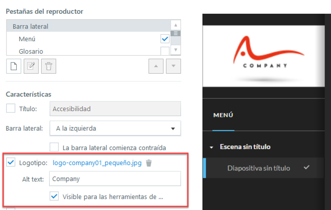 Configuración de texto alternativo para el logo del reproductor moderno de Storyline.