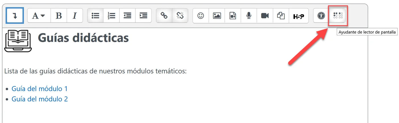 Interfaz del editor Atto de Moodle. El Ayudante del lector de pantalla es el último botón de la primera fila.