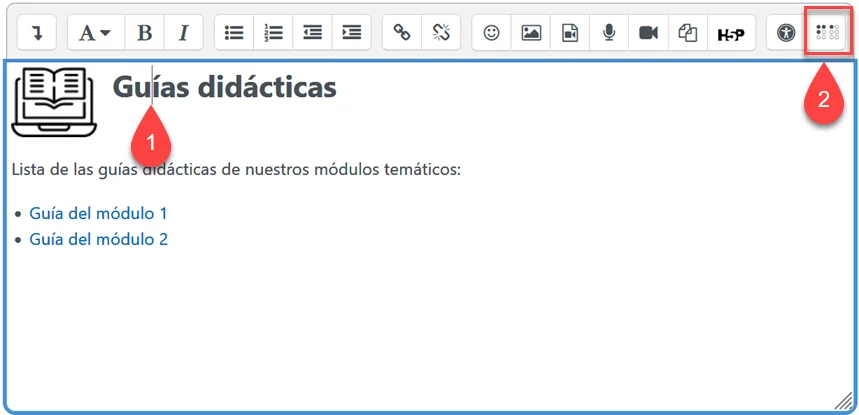 En este ejemplo se ha situado primero el cursor en el encabezado "Guías didácticas" y después se acciona el ayudante.