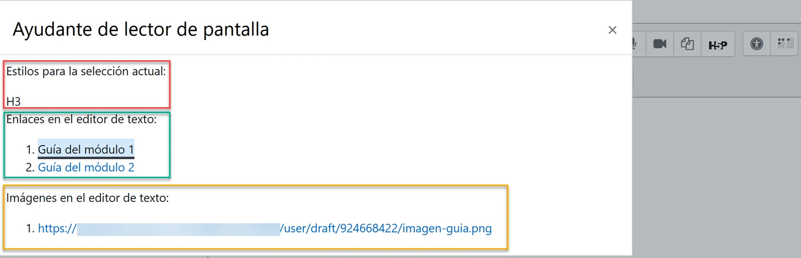 Resultado de análisis del ayudante del lector de pantalla de Moodle. El estilo de la selección es H3. En el editor de texto hay dos enlaces y una imagen. Se puede navegar a estos elementos.