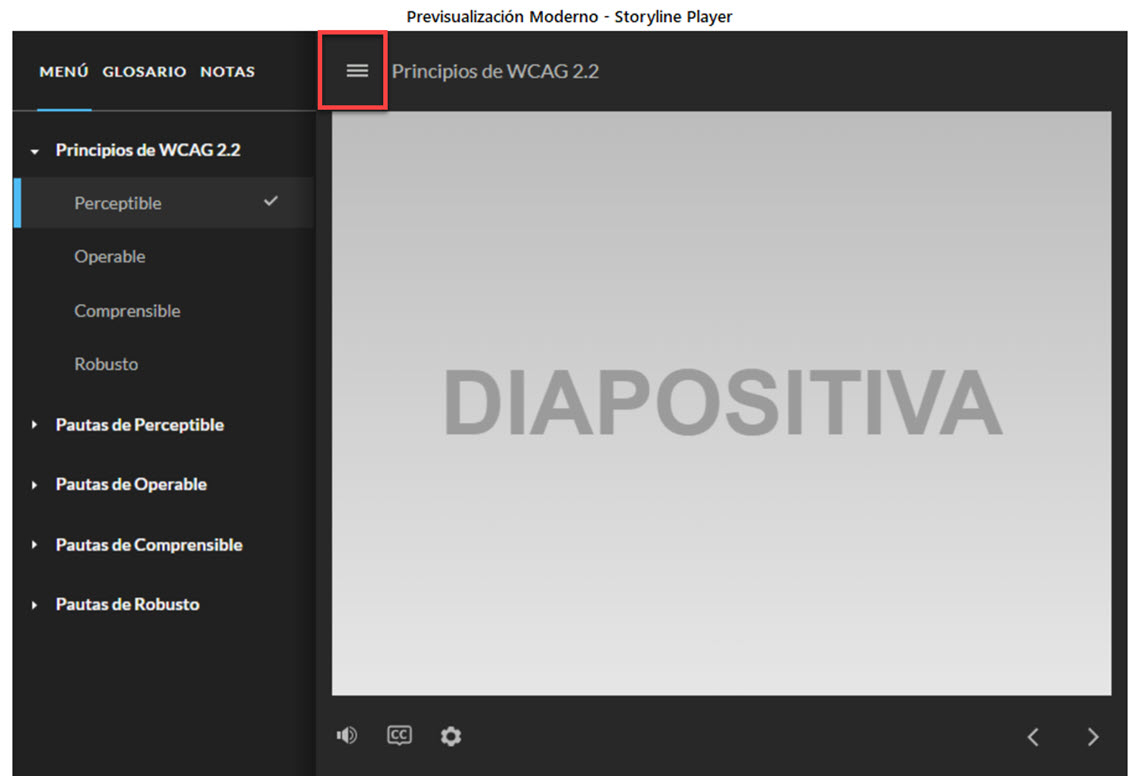 Reproductor moderno de Storyline con menú, glosario y notas en barra lateral. Señalo un icono de "hamburguesa".