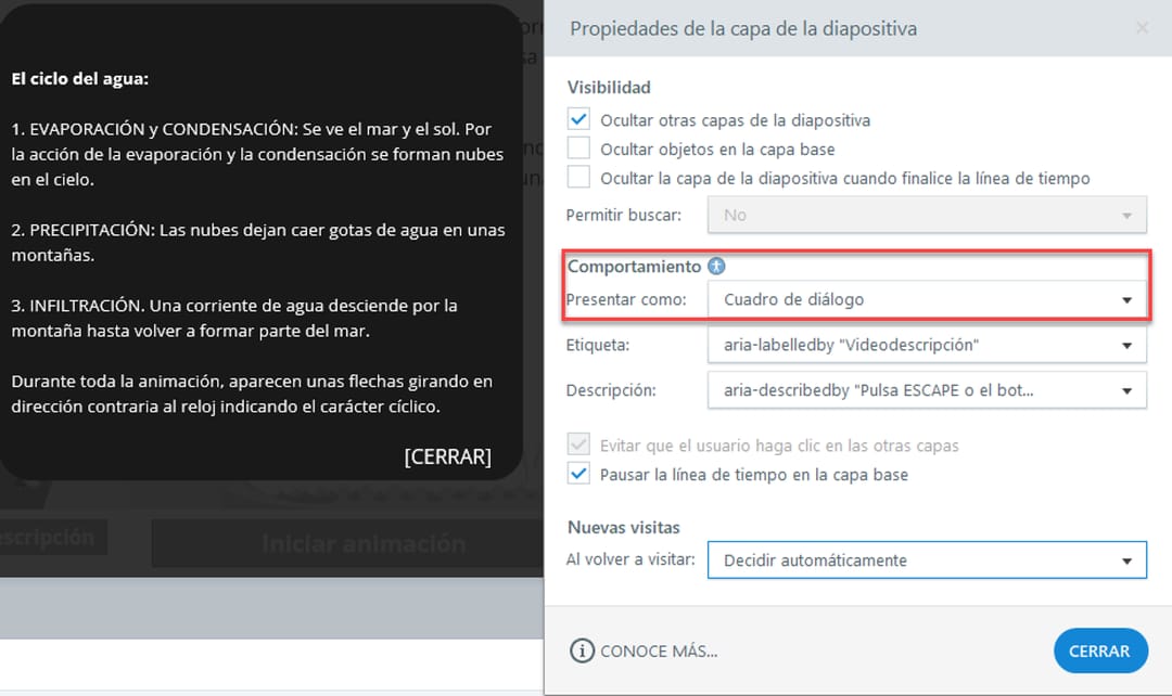 Editor de Storyline con una capa modal y opciones de propiedades de la capa. Se establece como "cuadro de diálogo". La etiqueta es "Videodescripción" y la descripción es "Pulsa ESCAPE o el botón ESC"