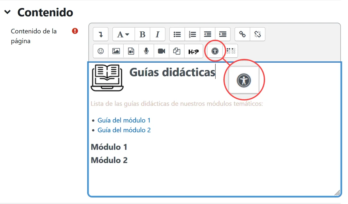 En el editor Atto el botón "comprobaciones de accesibilidad" es el penúltimo de la primera fila.