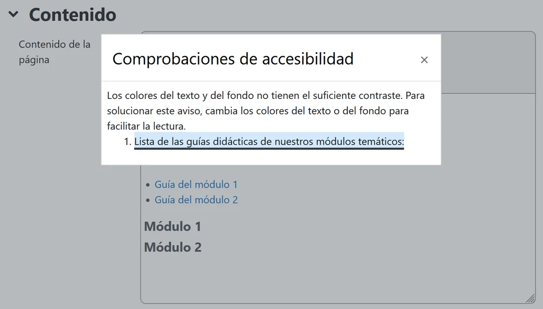 Ejemplo de resultado de comprobación de accesibilidad. Se detecta un error de contraste insuficiente. Se recomienda cambiar el color para facilitar la lectura y un enlace al elemento.