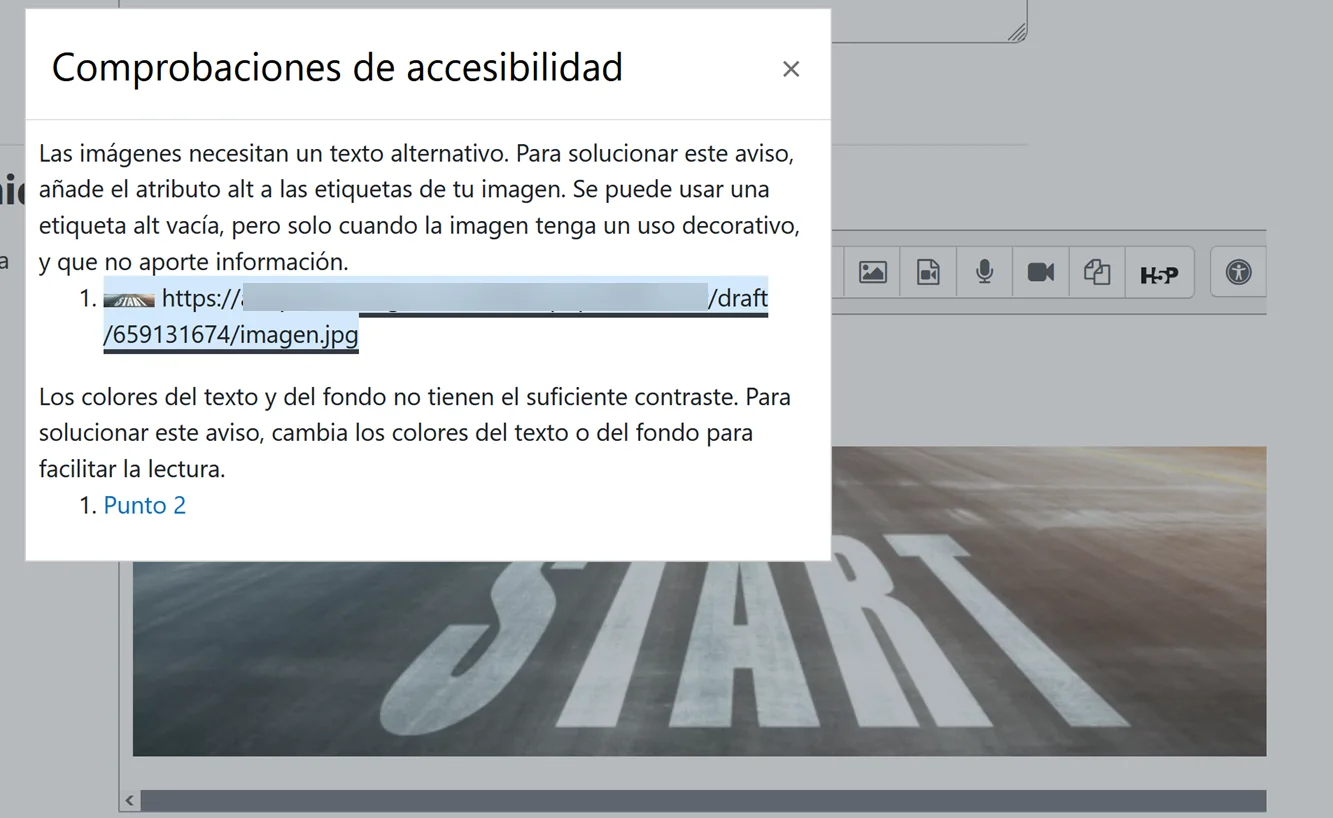 Resultado del comprobador de accesibilidad del editor Atto mostrando un error de falta de texto alternativo u otro de contraste insuficiente.