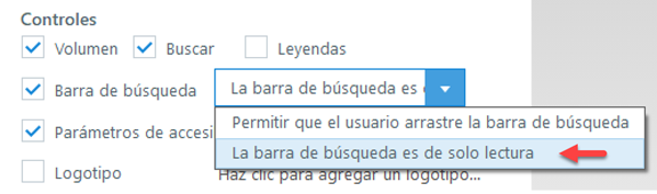 Configuración de la barra de búsqueda en Storyline para reproductor clásico. Hay dos opciones: "Permitir que el usuario arrastre la barra de búsqueda" y "La barra de búsqueda es de sólo lectura". Indico la segunda.