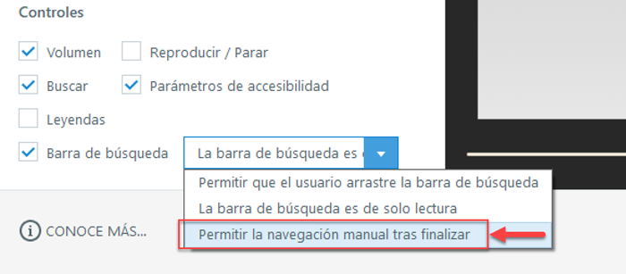 Configuración de la barra de búsqueda en Storyline para reproductor moderno. Tiene las misma opciones que el reproductor clásico más la mencionada en el párrafo anterior, que es la señalada.