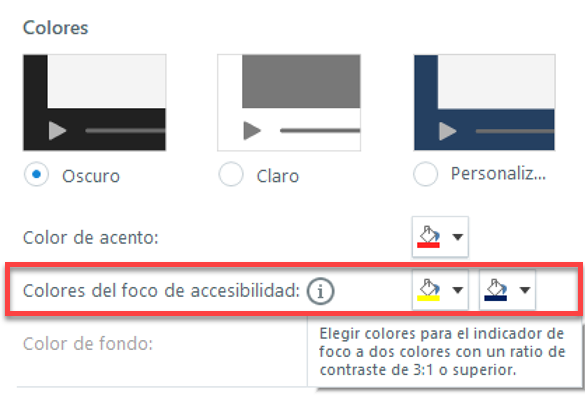 Pantalla de configuración de Storyline de colores del foco de accesibilidad. Indica que la ratio de contraste entre ambos debe ser de 3:1 o superior.