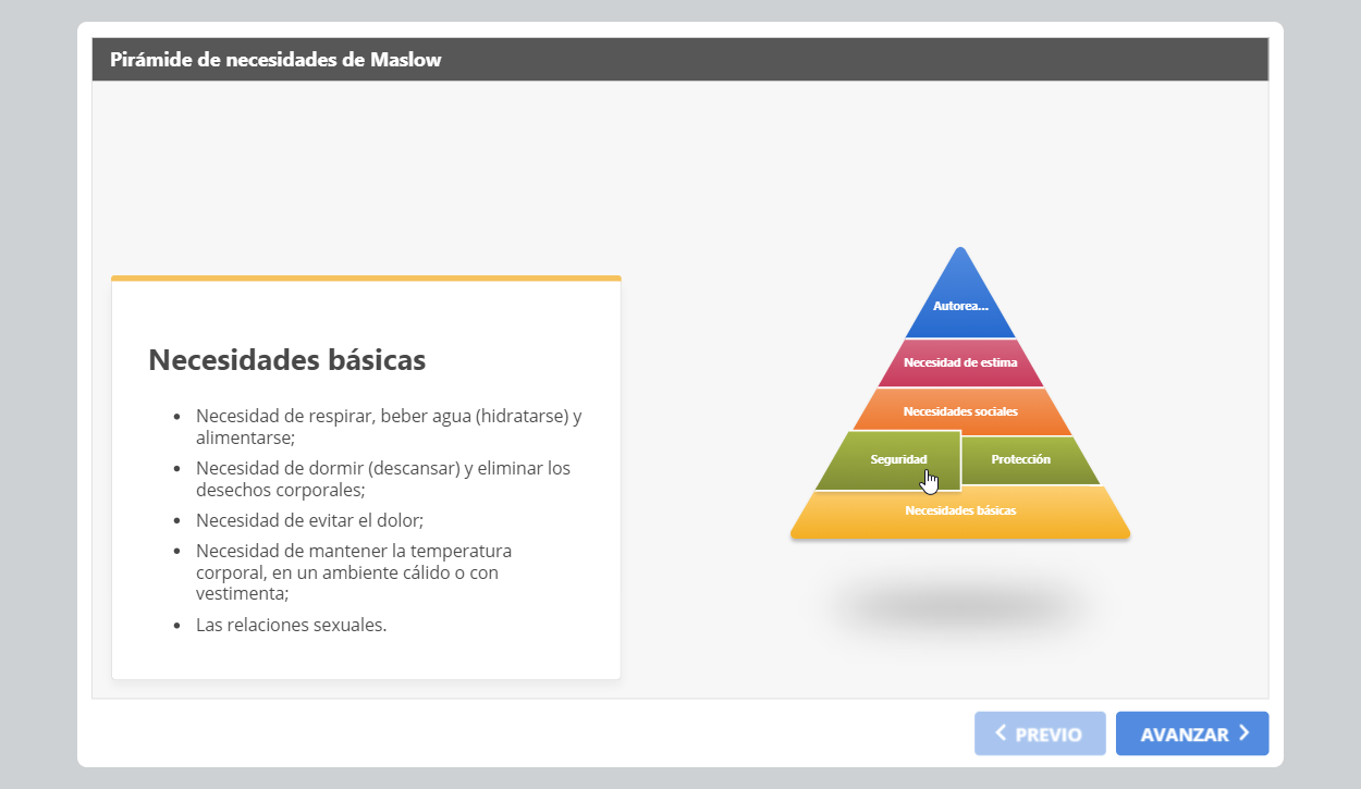 Contenido eLearning con una pirámide interactiva que incluye distintos bloques pulsables (pirámide de necesidades de Maslow)