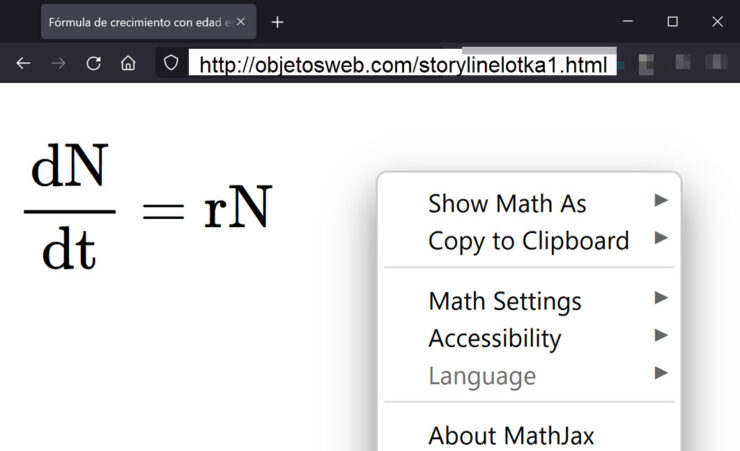 Ventana de navegador con una dirección url de ejemplo. La página muestra la fórmula mencionada y un menú emergente con opciones de MathJAX.