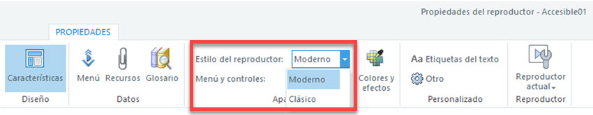 Cinta de opciones en las propiedades del reproductor de Storyline. Aparecen marcado el estilo de reproductor con las opciones moderno y clásico.