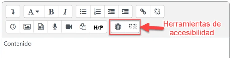 Editor Atto en Moodle con los botones de herramientas de accesibilidad.