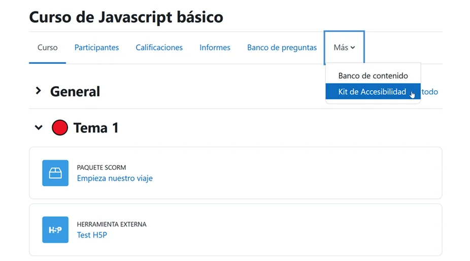 Página de curso en Moodle. Sigue: Barra de menú, Más, Kit de Accesibilidad