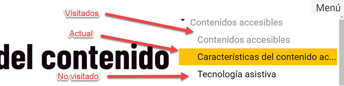 Menú de navegación en Storyline con reproductor clásico. Señalo cuáles son elementos visitados, el actual y no visitados.