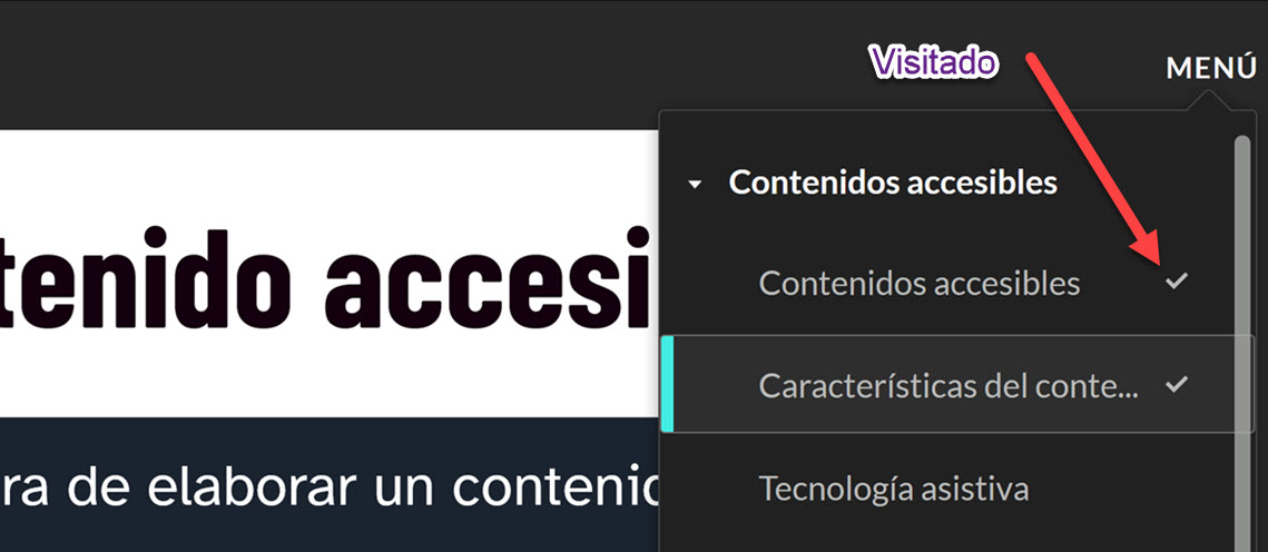 Menú de navegación en Storyline con reproductor moderno. Señalo elos elementos visitados, que aparecen con una marca de verificación a su derecha.