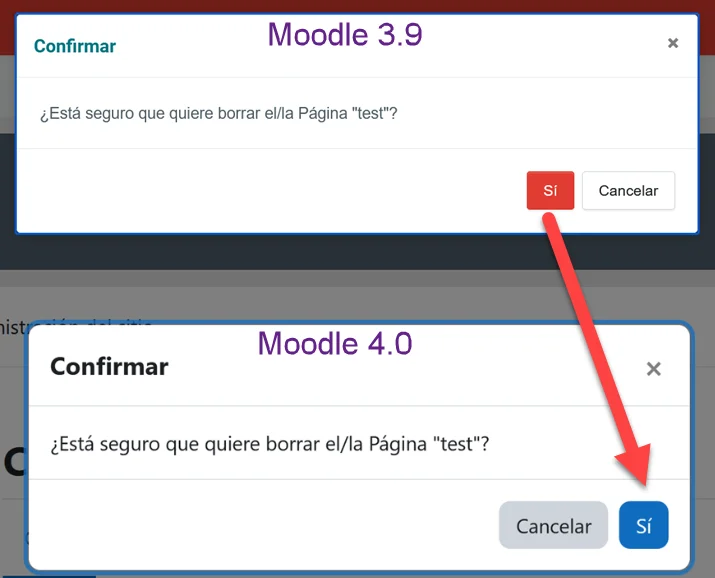 Dos cuadros de confirmación de borrado. En Moodle 3.9 tiene el botón de confirmación a la izquierda. El de Moodle 4 a la derecha de forma más coherente con el resto, lo cual facilita la accesibilidad.